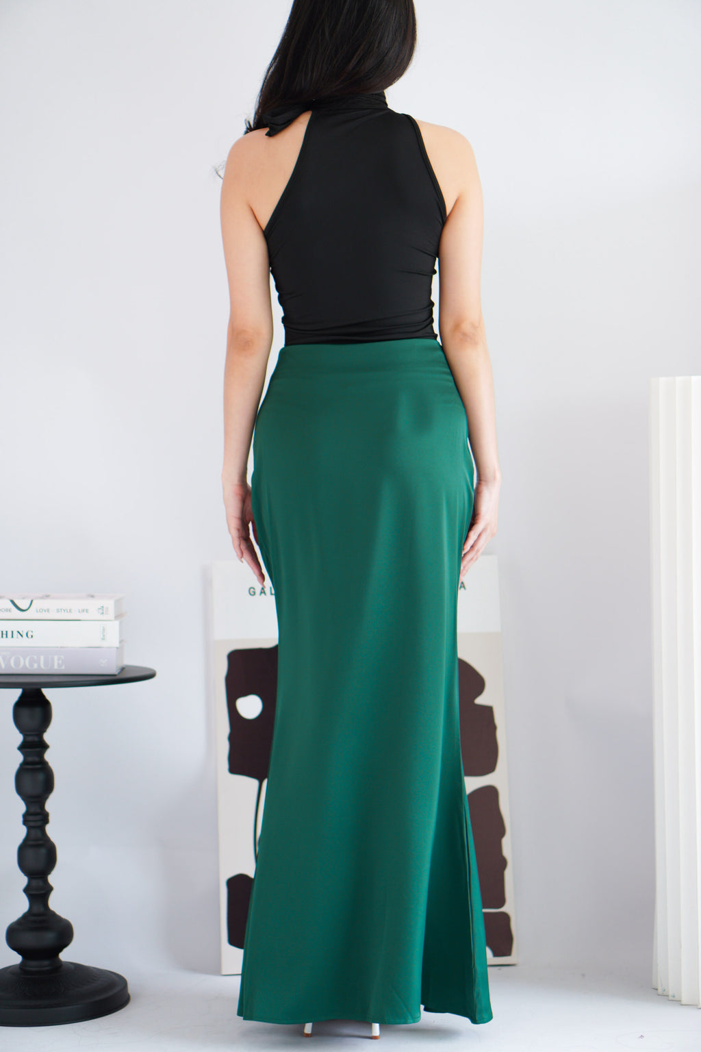 Cira Satin Maxi Skirt in Dark Green