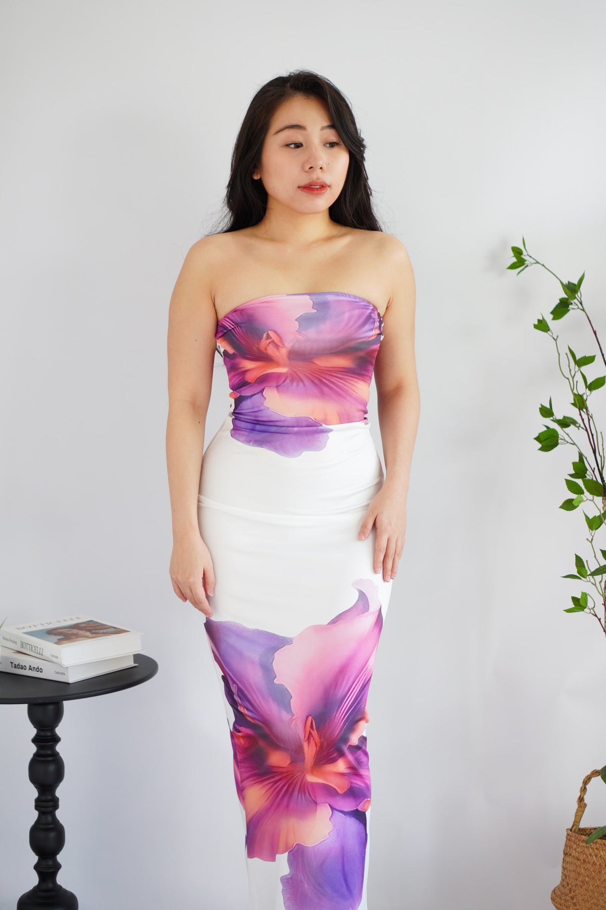 Freesia Floral Printed Maxi Tube Bodycon Dress in White Purple