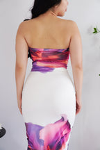 Freesia Floral Printed Maxi Tube Bodycon Dress in White Purple