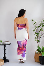 Freesia Floral Printed Maxi Tube Bodycon Dress in White Purple