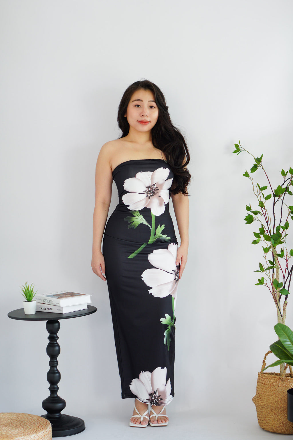 Zinnara Floral Printed Maxi Tube Bodycon Dress in Black