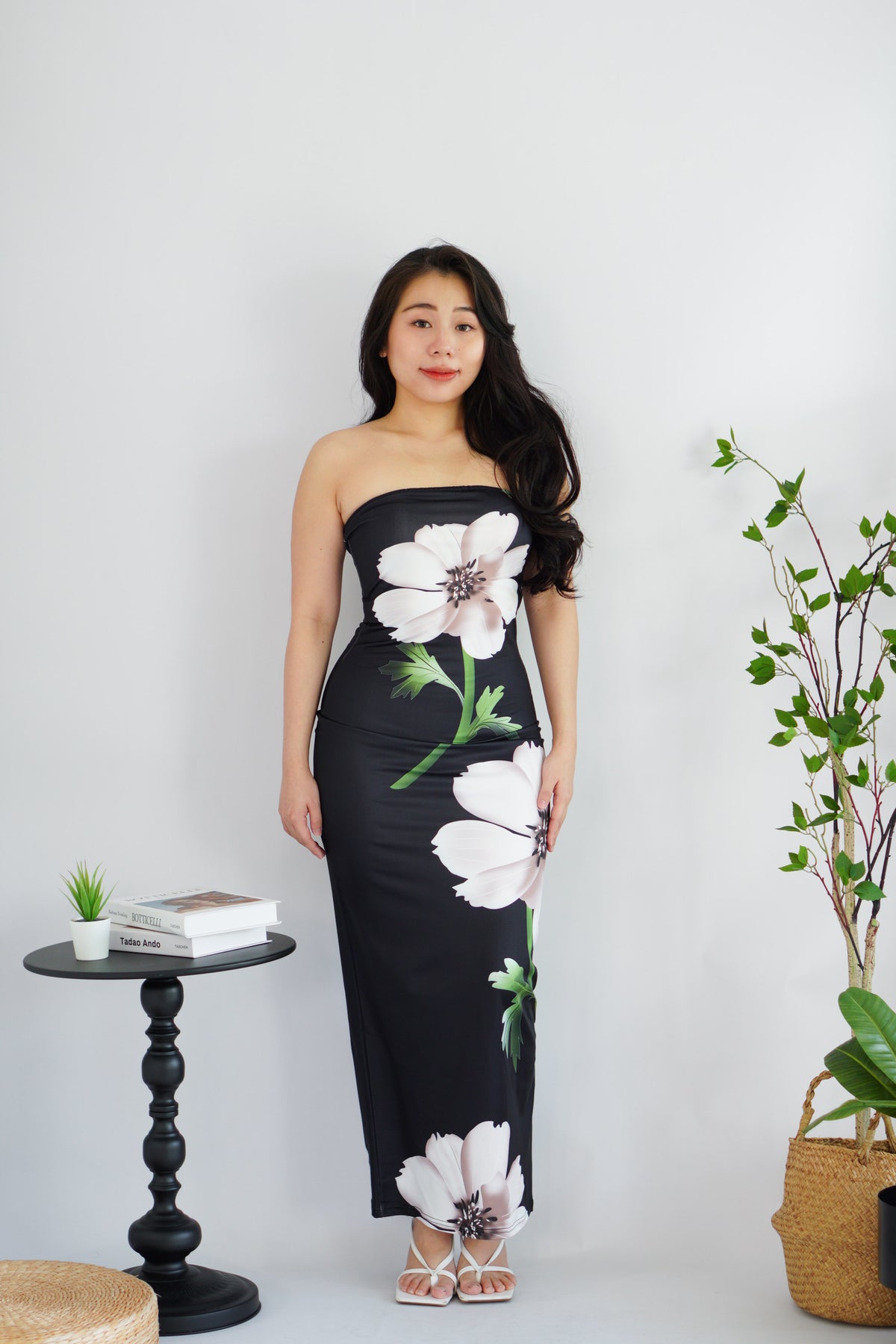 Zinnara Floral Printed Maxi Tube Bodycon Dress in Black