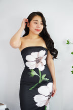 Zinnara Floral Printed Maxi Tube Bodycon Dress in Black