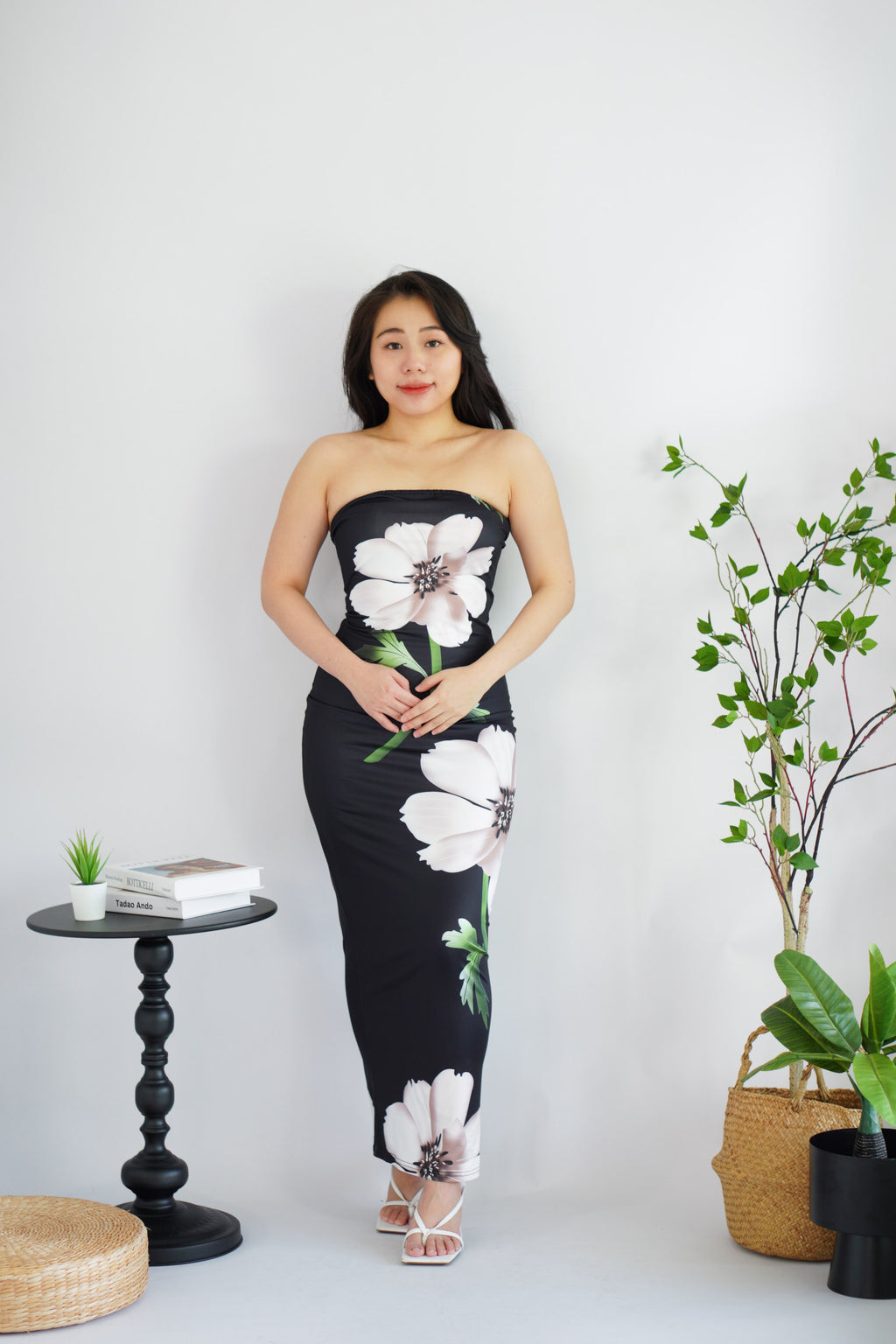 Zinnara Floral Printed Maxi Tube Bodycon Dress in Black