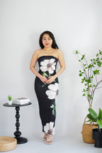 Zinnara Floral Printed Maxi Tube Bodycon Dress in Black
