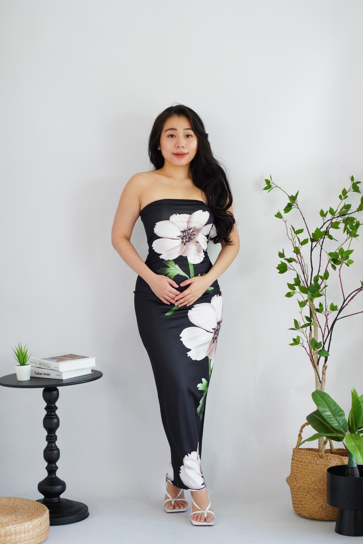 Zinnara Floral Printed Maxi Tube Bodycon Dress in Black