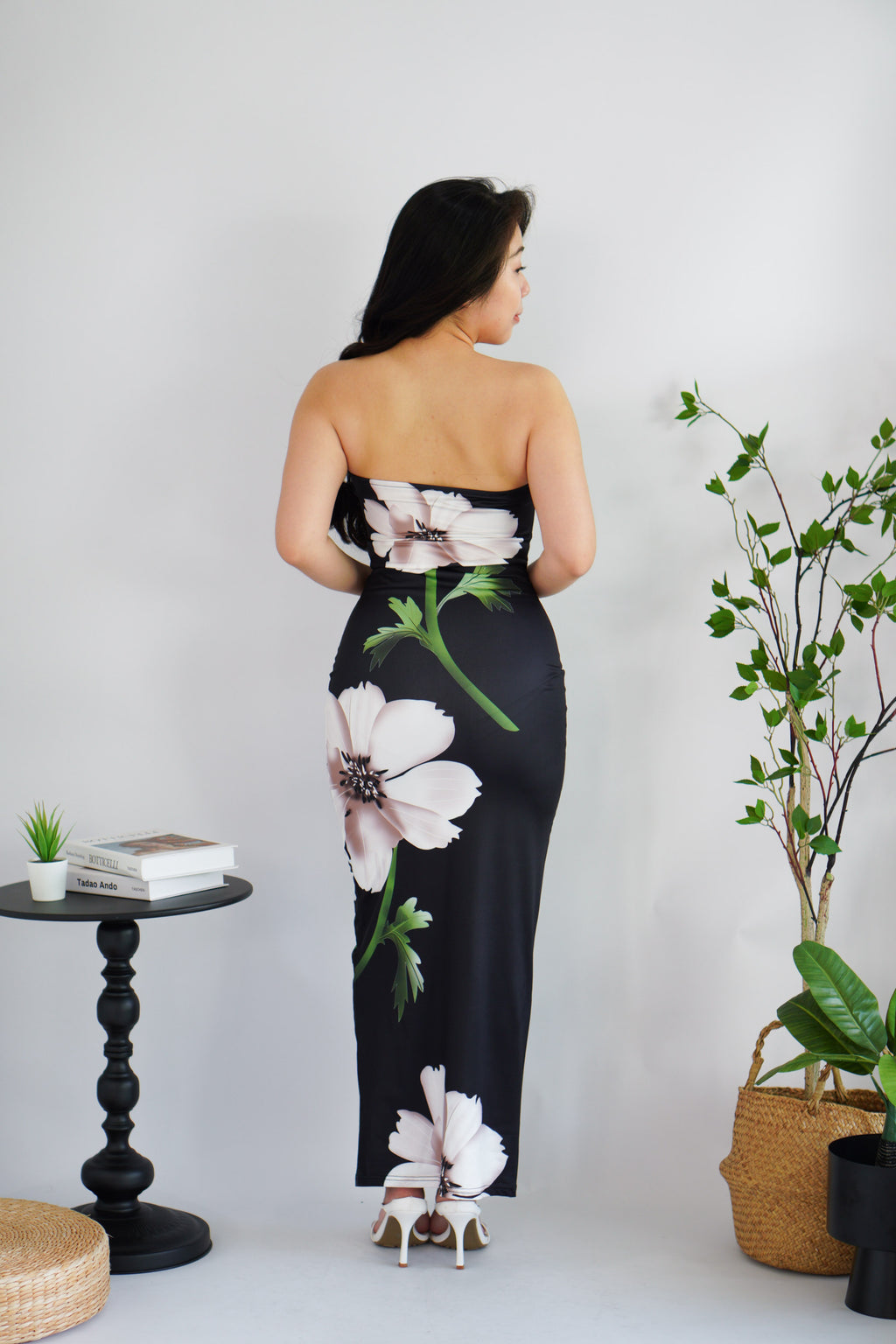 Zinnara Floral Printed Maxi Tube Bodycon Dress in Black