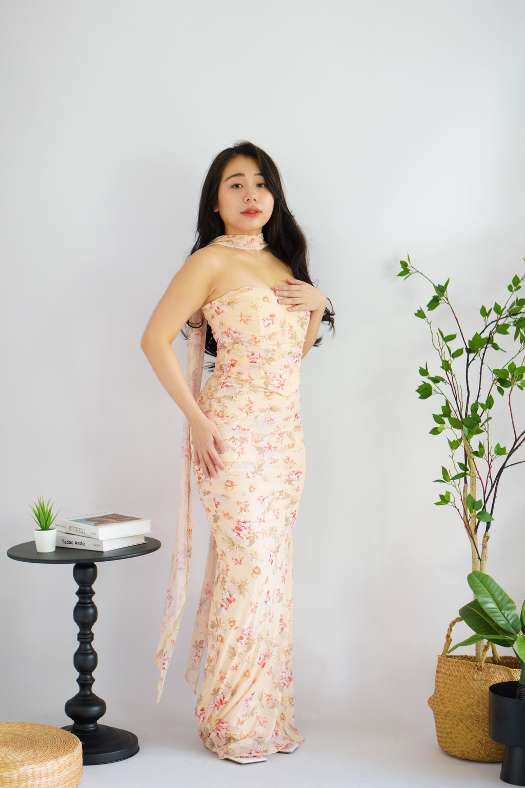 Roselune Corset 2 Piece Skirt Set with Sash in Yellow Floral