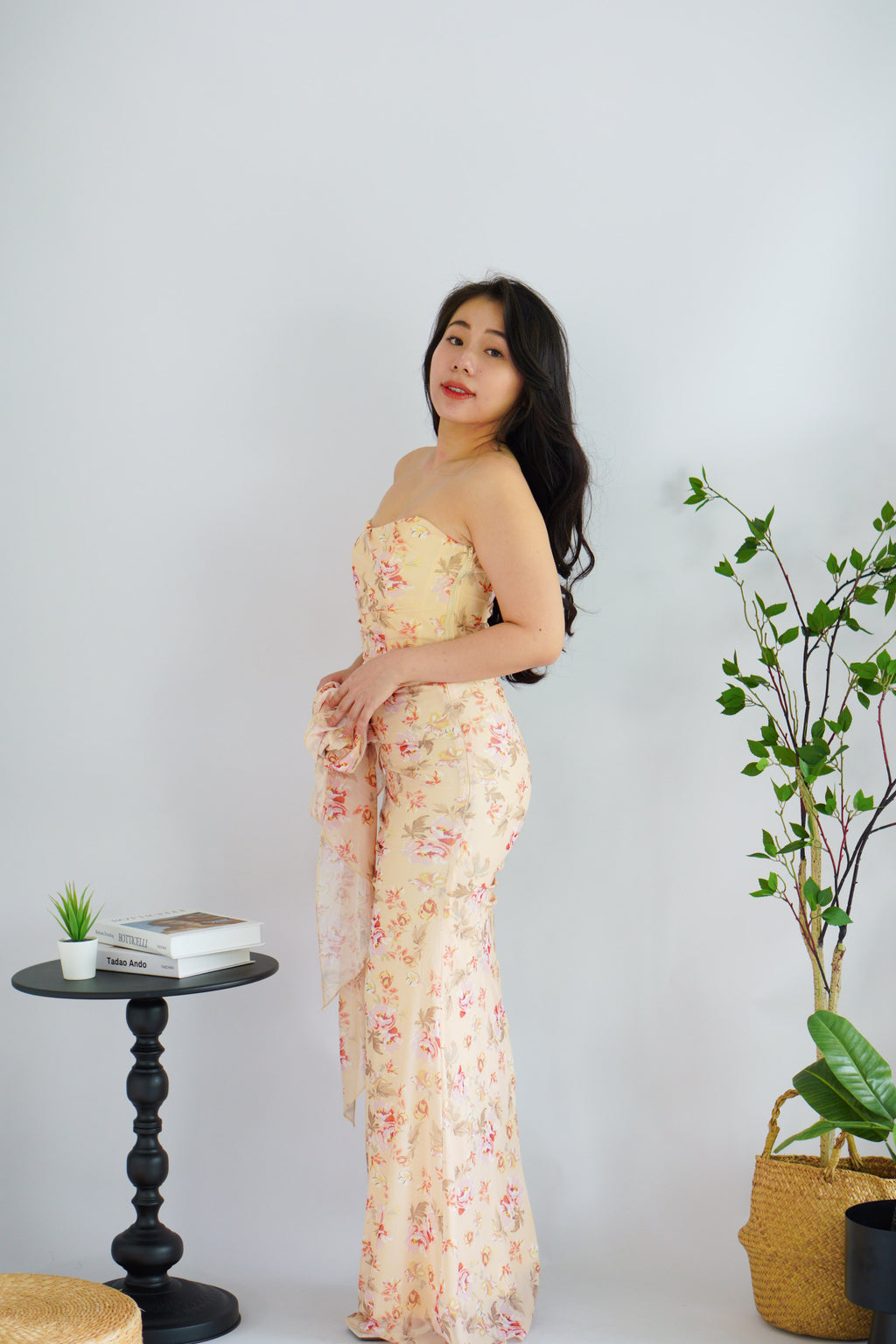 Roselune Corset 2 Piece Skirt Set with Sash in Yellow Floral