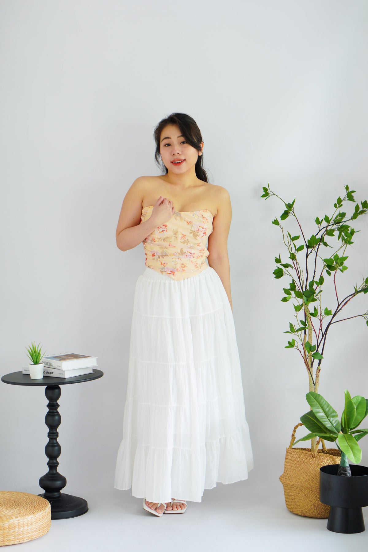 Roselune Corset 2 Piece Skirt Set with Sash in Yellow Floral