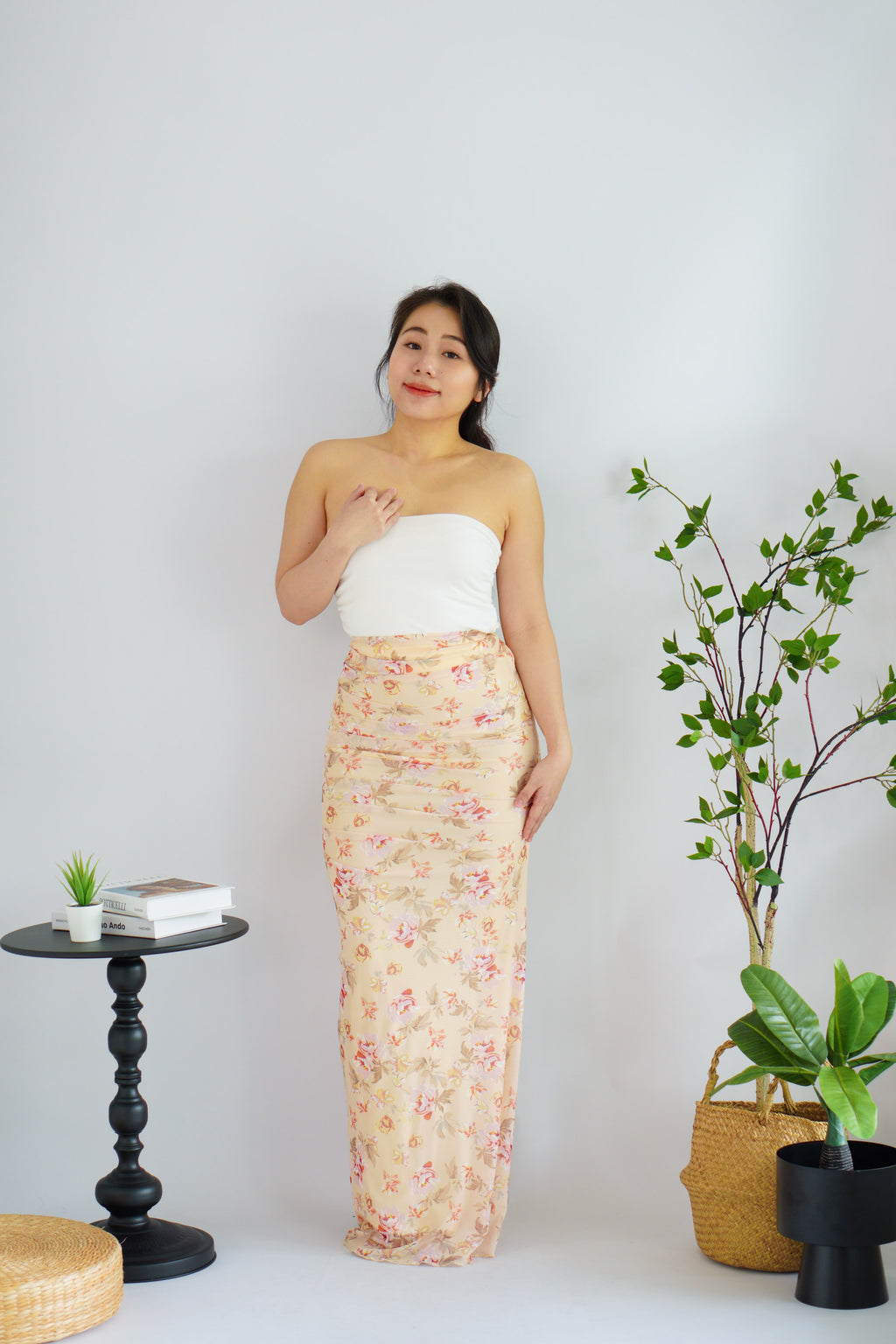 Roselune Corset 2 Piece Skirt Set with Sash in Yellow Floral