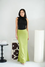 Cira Satin Maxi Skirt in Light Green