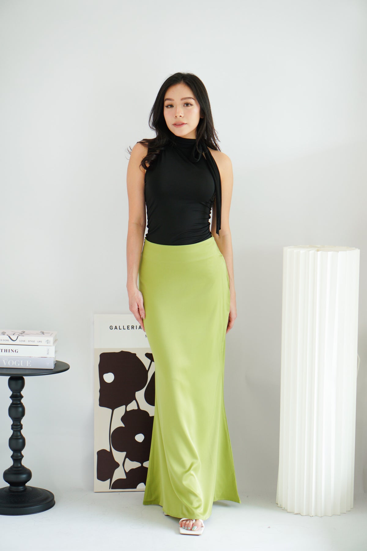 Cira Satin Maxi Skirt in Light Green