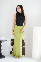 Cira Satin Maxi Skirt in Light Green