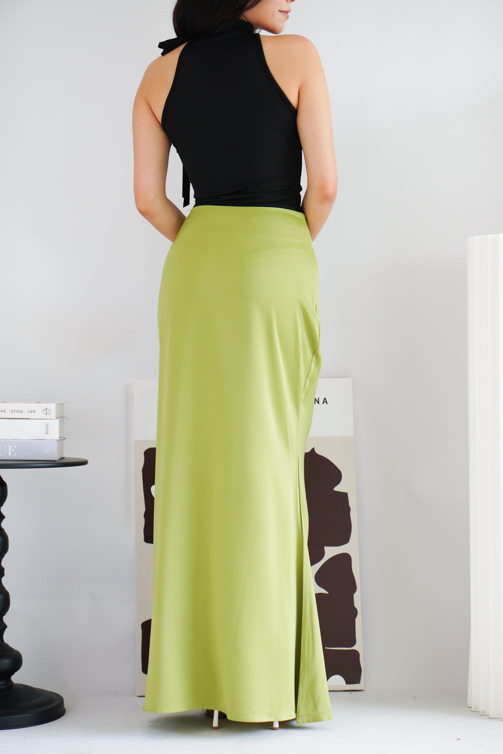 Cira Satin Maxi Skirt in Light Green