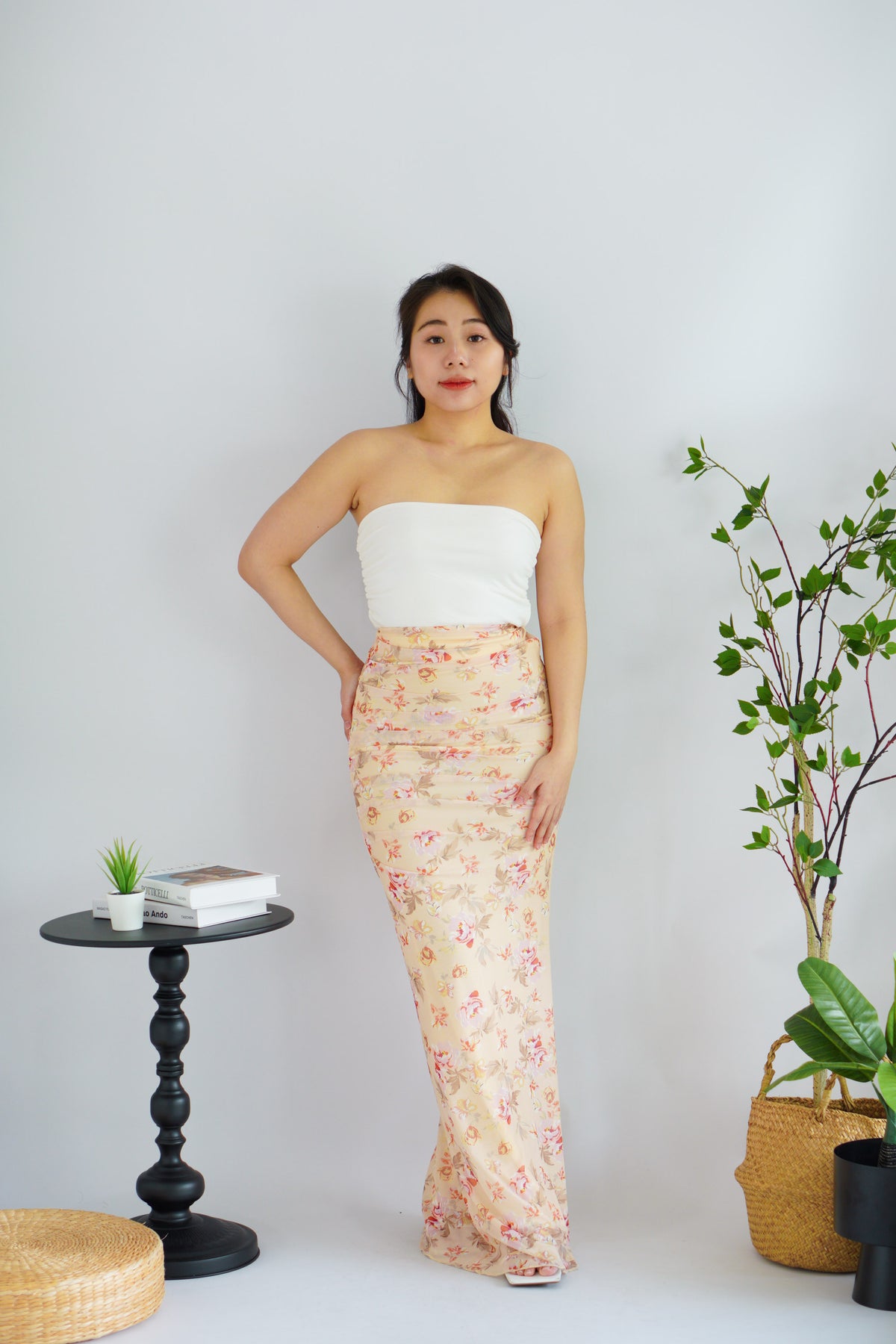 Roselune Corset 2 Piece Skirt Set with Sash in Yellow Floral