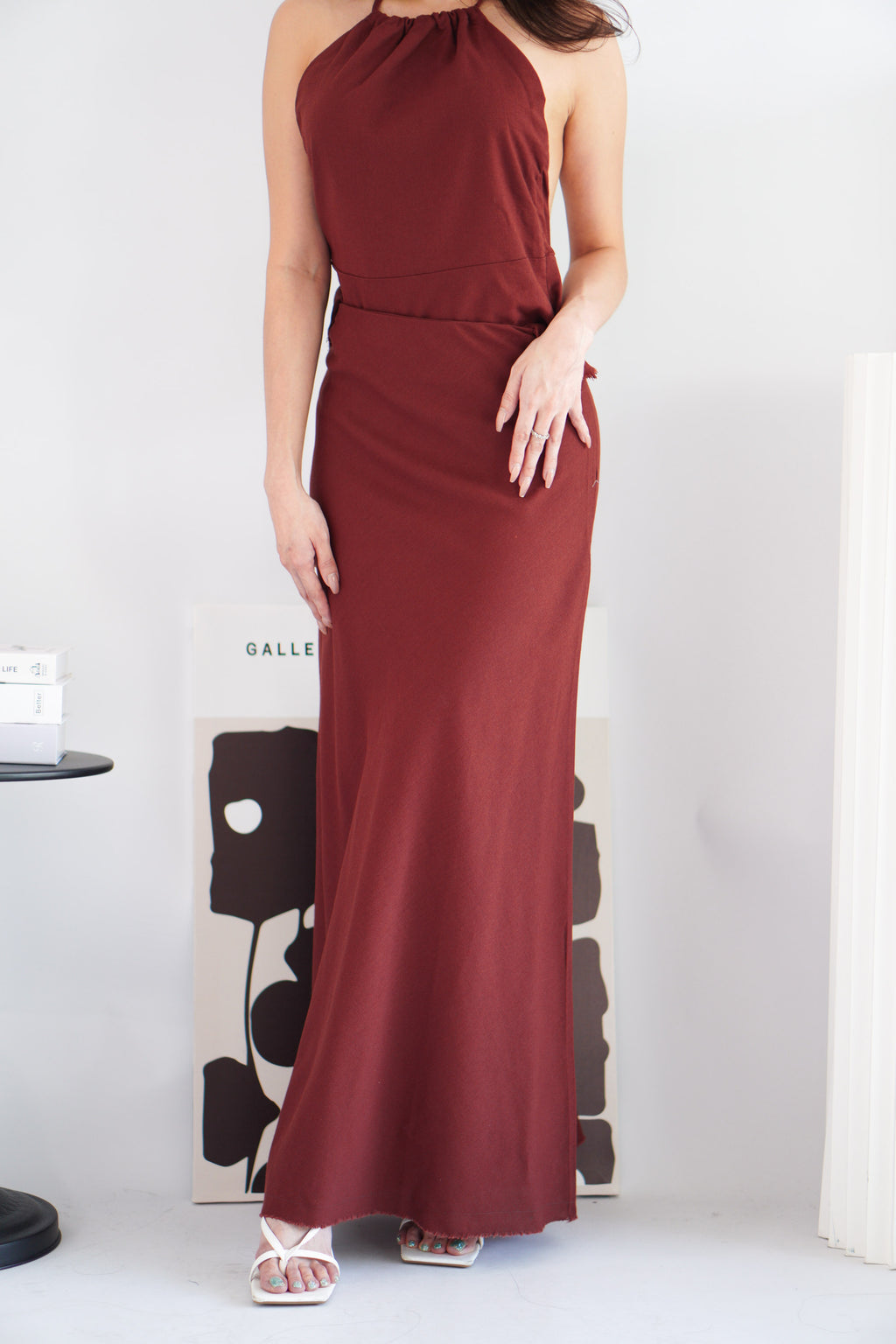 Claret Linen Maxi Skirt in Dark Red