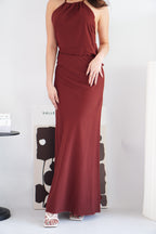 Claret Linen Maxi Skirt in Dark Red