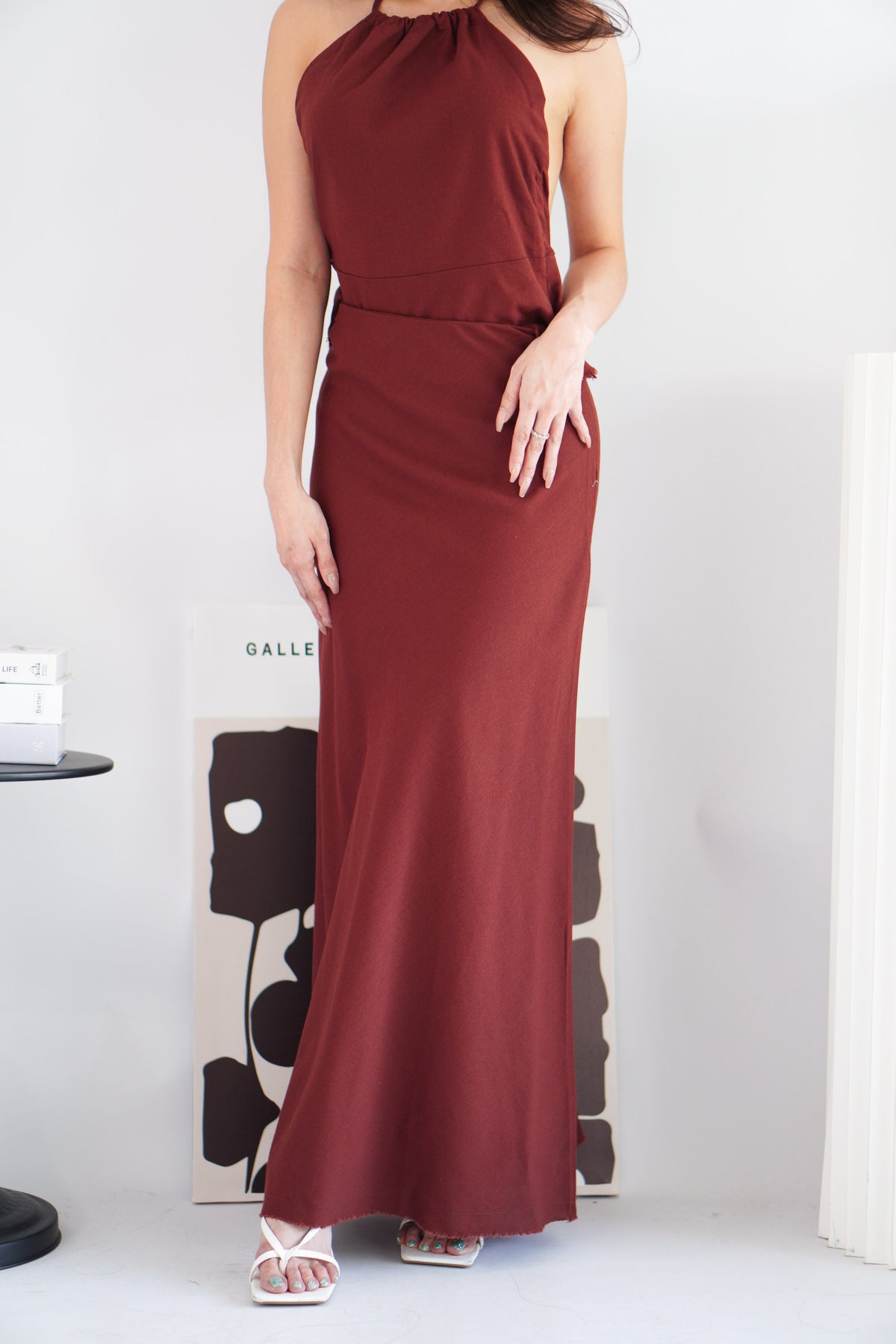Claret Linen Maxi Skirt in Dark Red