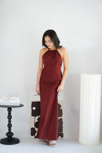 Claret Linen Maxi Skirt in Dark Red