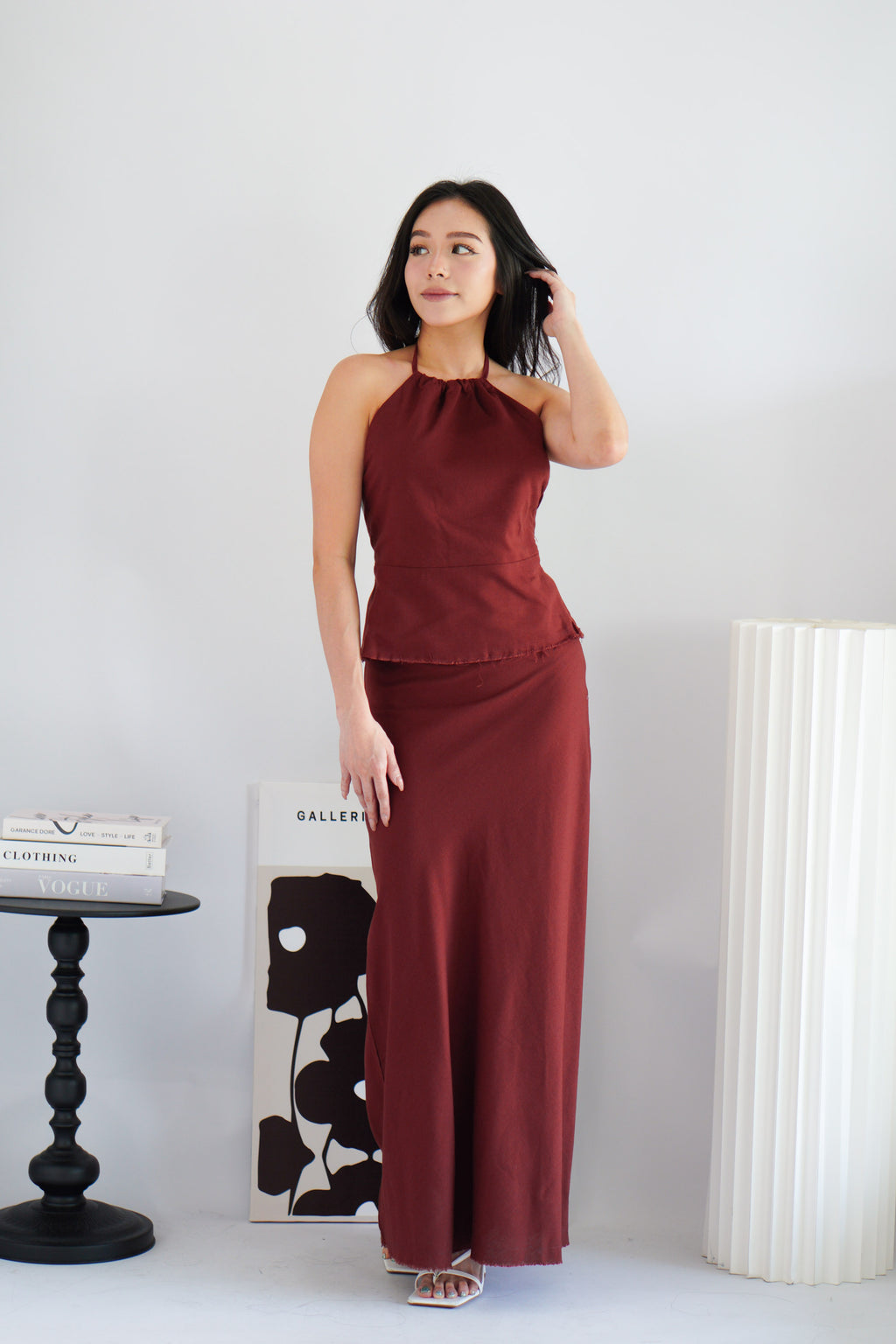Claret Linen Maxi Skirt in Dark Red