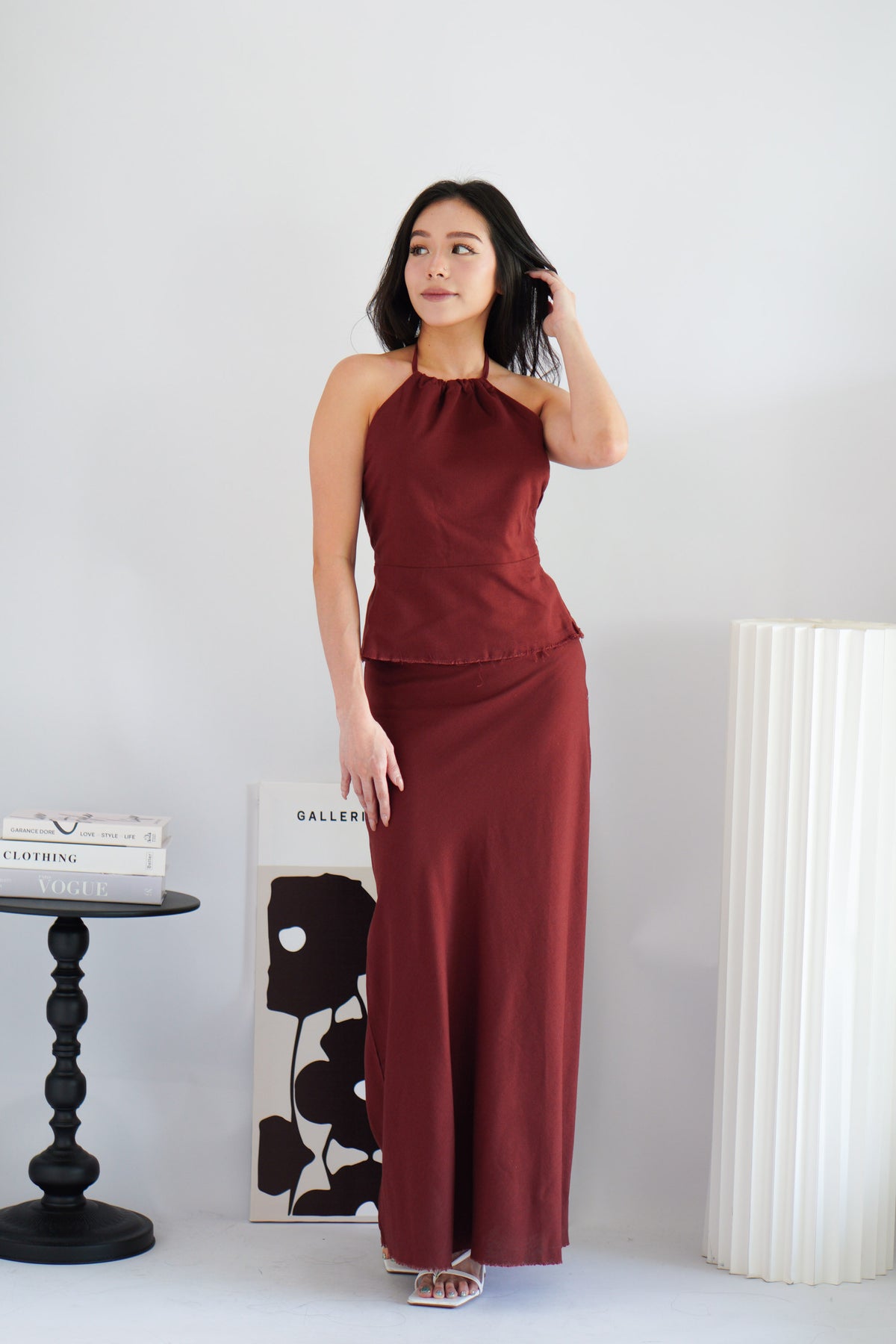 Claret Linen Maxi Skirt in Dark Red