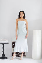 Melle Ruched Maxi Bodycon Fishtail Dress in Light Blue