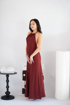 Claret Linen Maxi Skirt in Dark Red