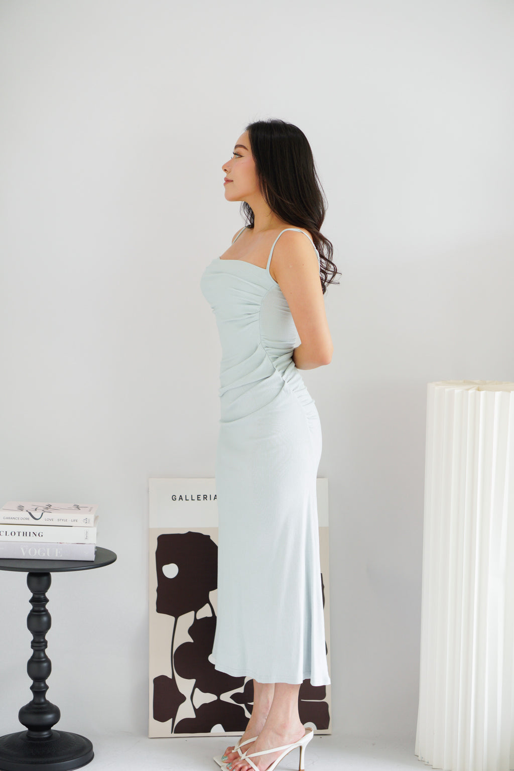 Melle Ruched Maxi Bodycon Fishtail Dress in Light Blue