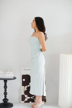 Melle Ruched Maxi Bodycon Fishtail Dress in Light Blue