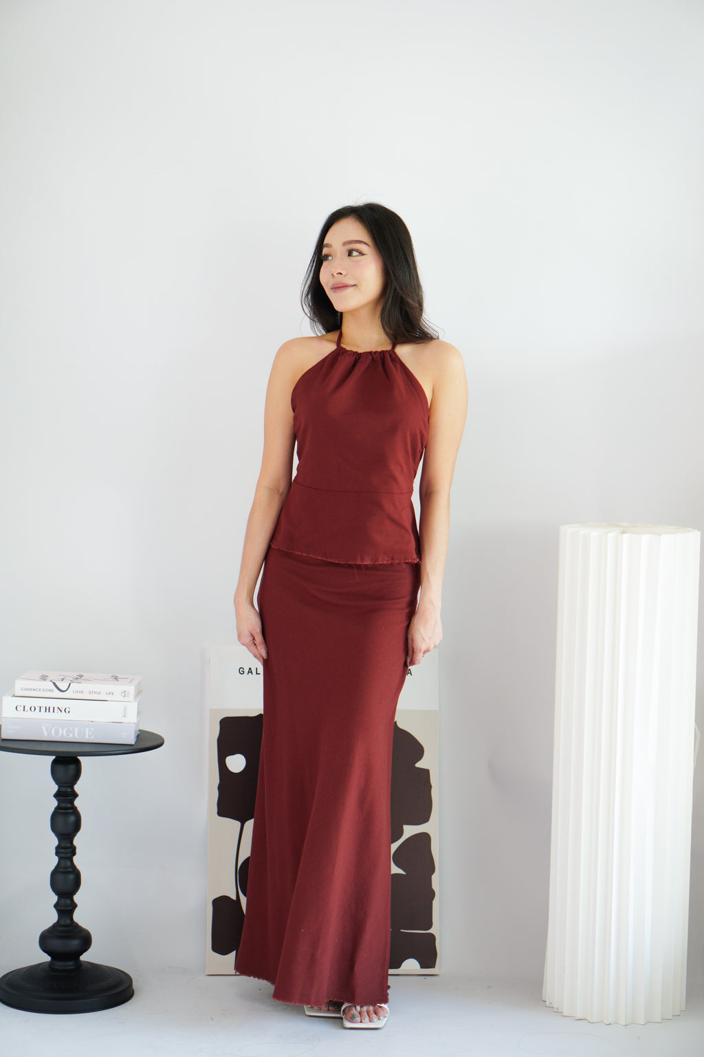 Claret Linen Maxi Skirt in Dark Red