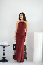 Claret Linen Maxi Skirt in Dark Red
