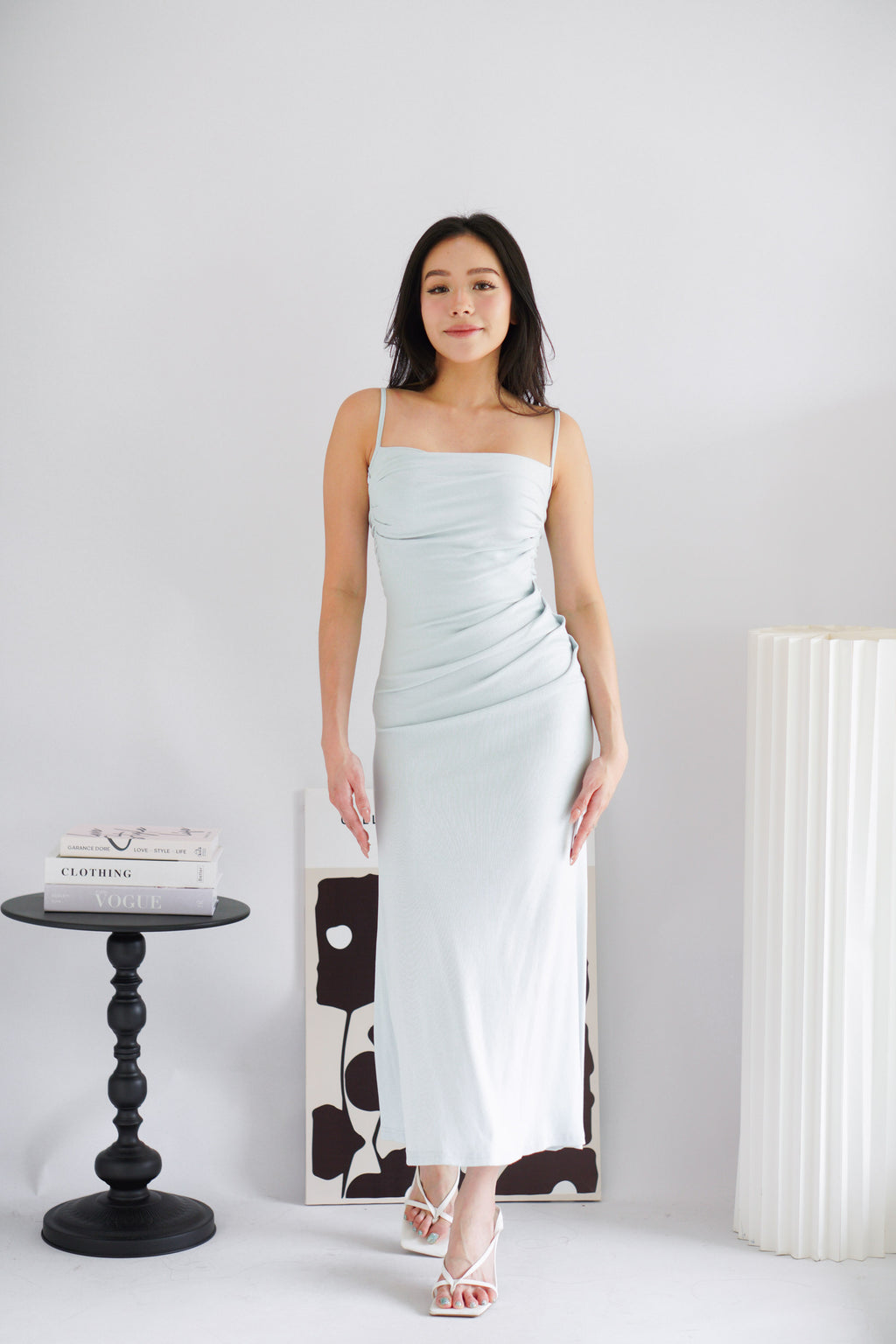 Melle Ruched Maxi Bodycon Fishtail Dress in Light Blue