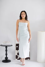 Melle Ruched Maxi Bodycon Fishtail Dress in Light Blue