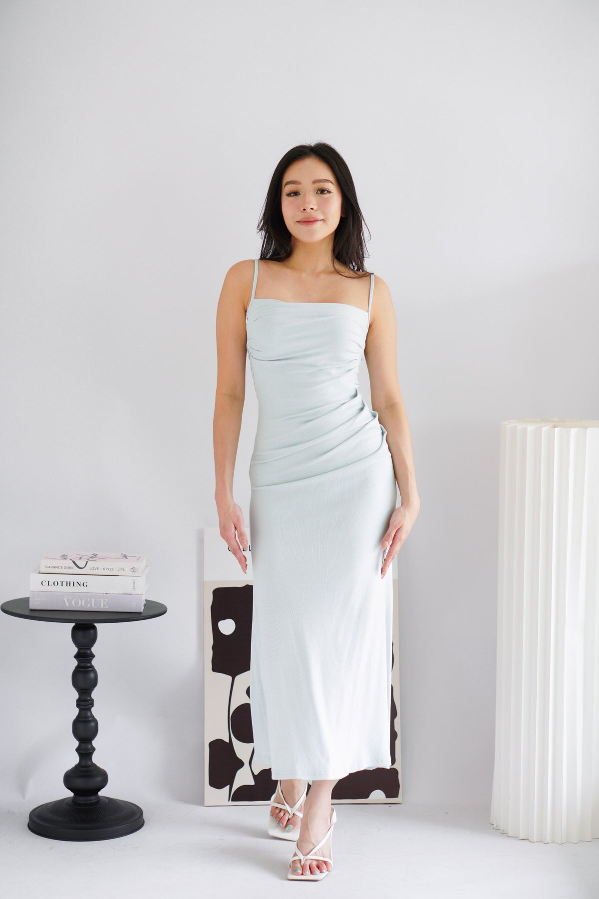 Melle Ruched Maxi Bodycon Fishtail Dress in Light Blue