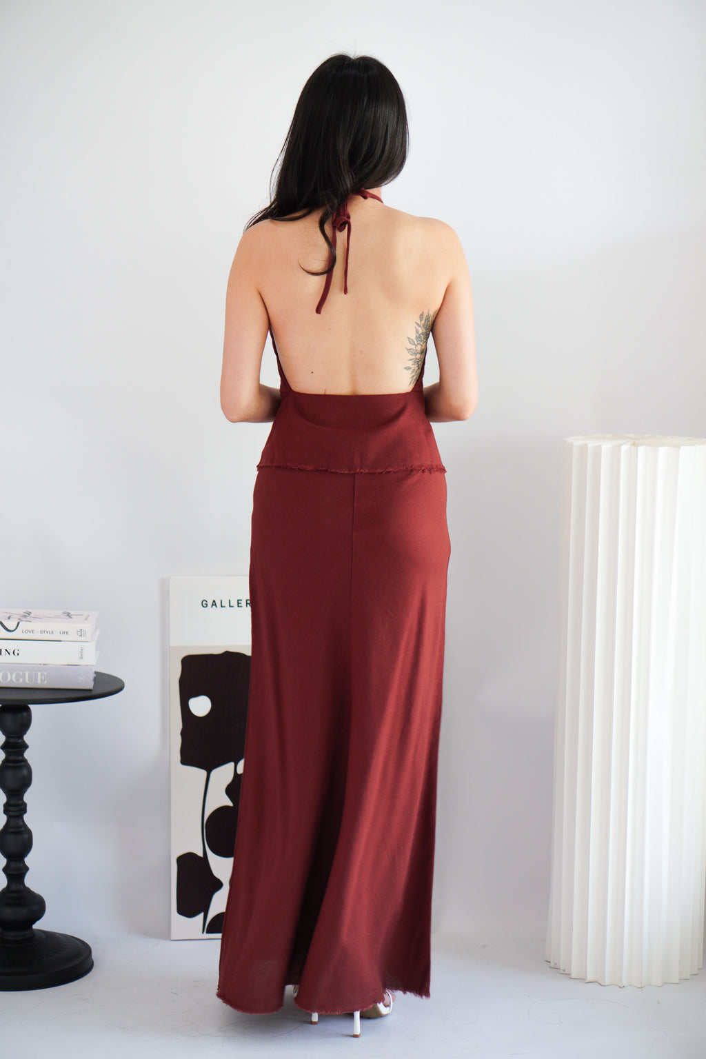 Claret Linen Maxi Skirt in Dark Red