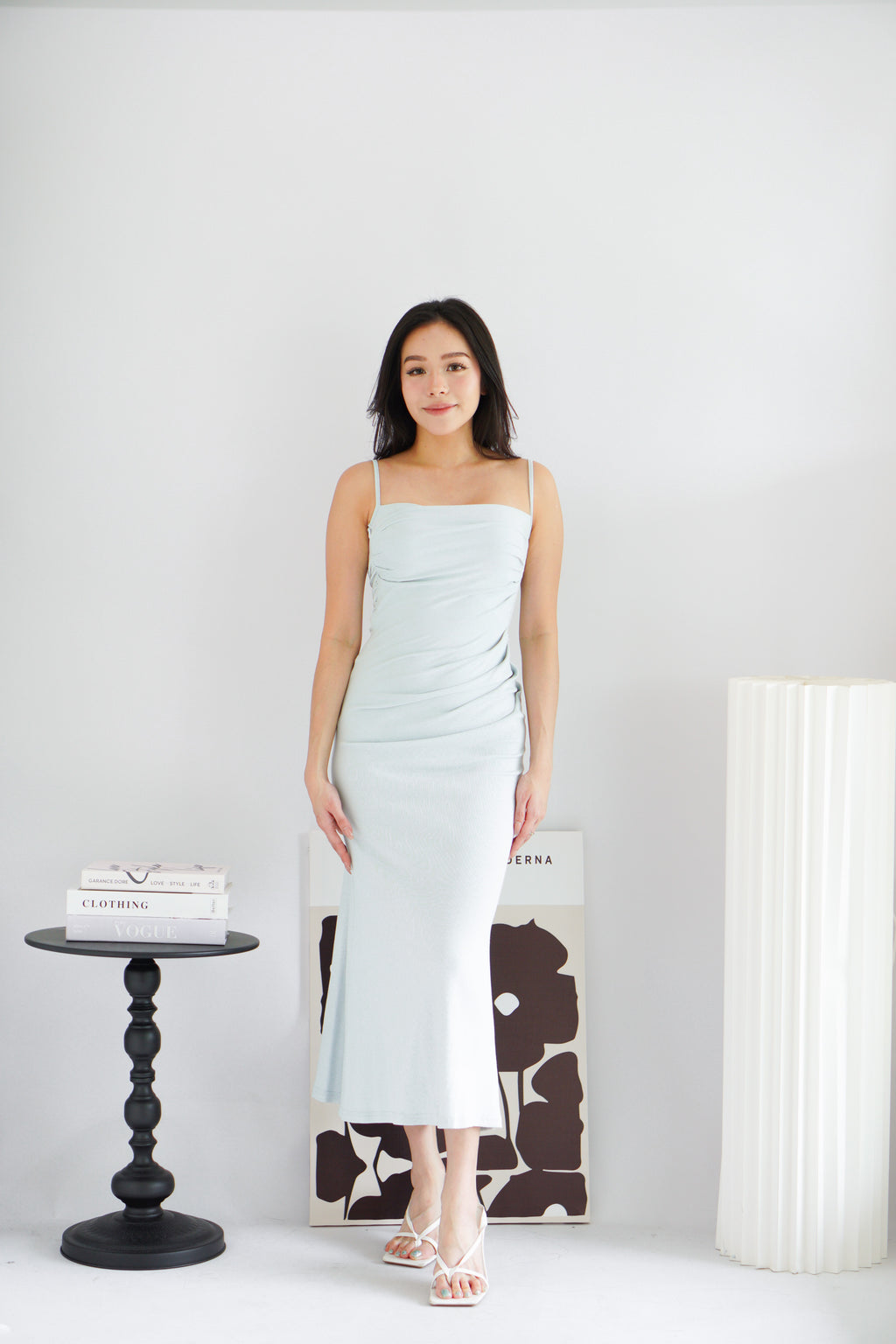 Melle Ruched Maxi Bodycon Fishtail Dress in Light Blue
