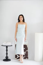 Melle Ruched Maxi Bodycon Fishtail Dress in Light Blue