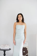 Melle Ruched Maxi Bodycon Fishtail Dress in Light Blue
