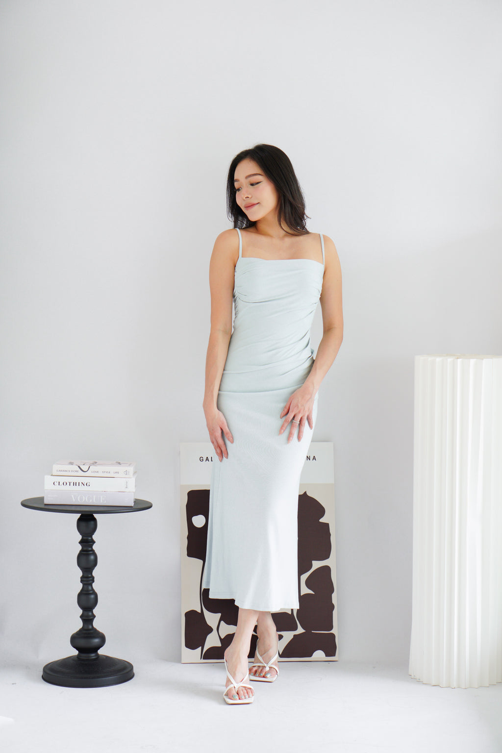 Melle Ruched Maxi Bodycon Fishtail Dress in Light Blue
