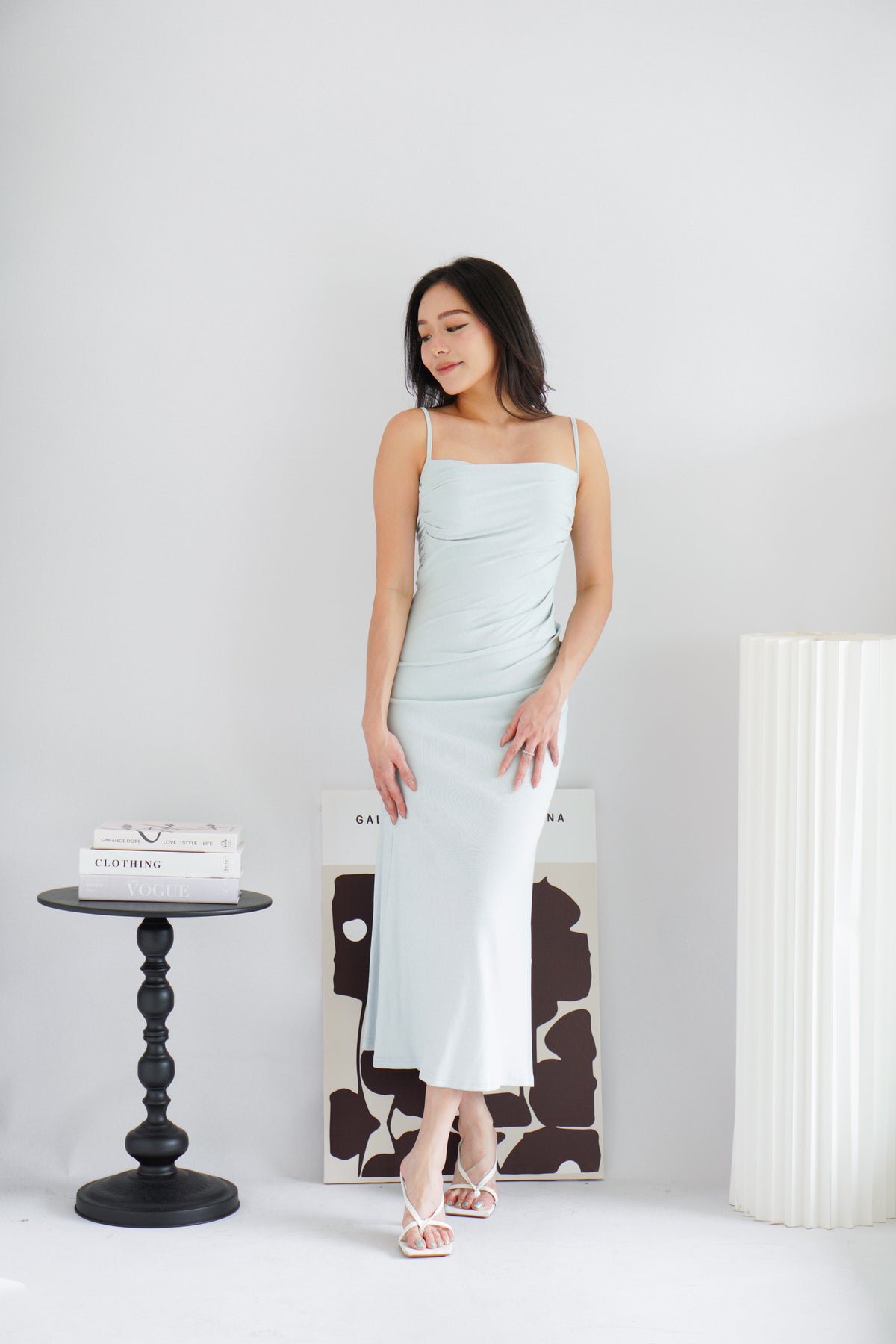 Melle Ruched Maxi Bodycon Fishtail Dress in Light Blue