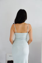 Melle Ruched Maxi Bodycon Fishtail Dress in Light Blue