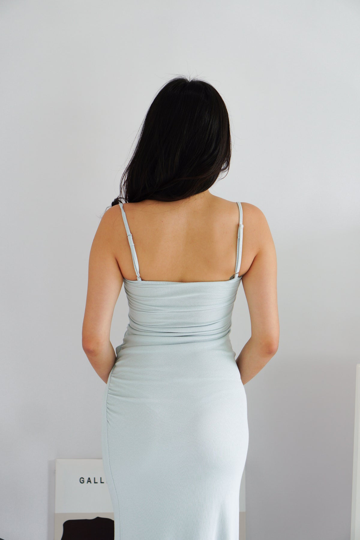 Melle Ruched Maxi Bodycon Fishtail Dress in Light Blue