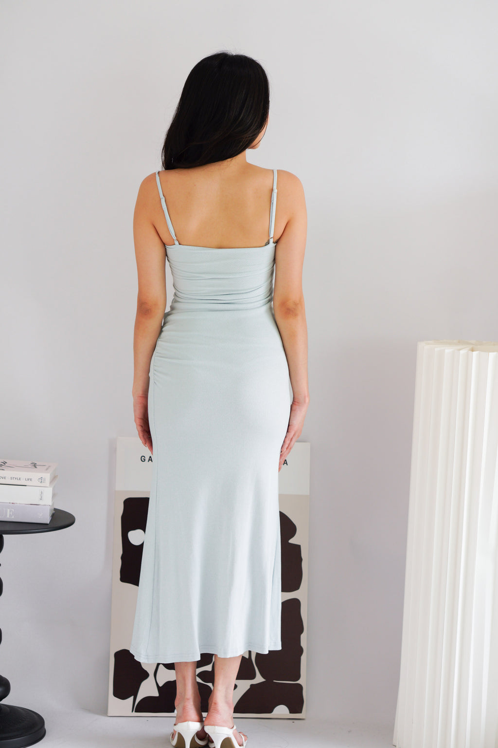 Melle Ruched Maxi Bodycon Fishtail Dress in Light Blue