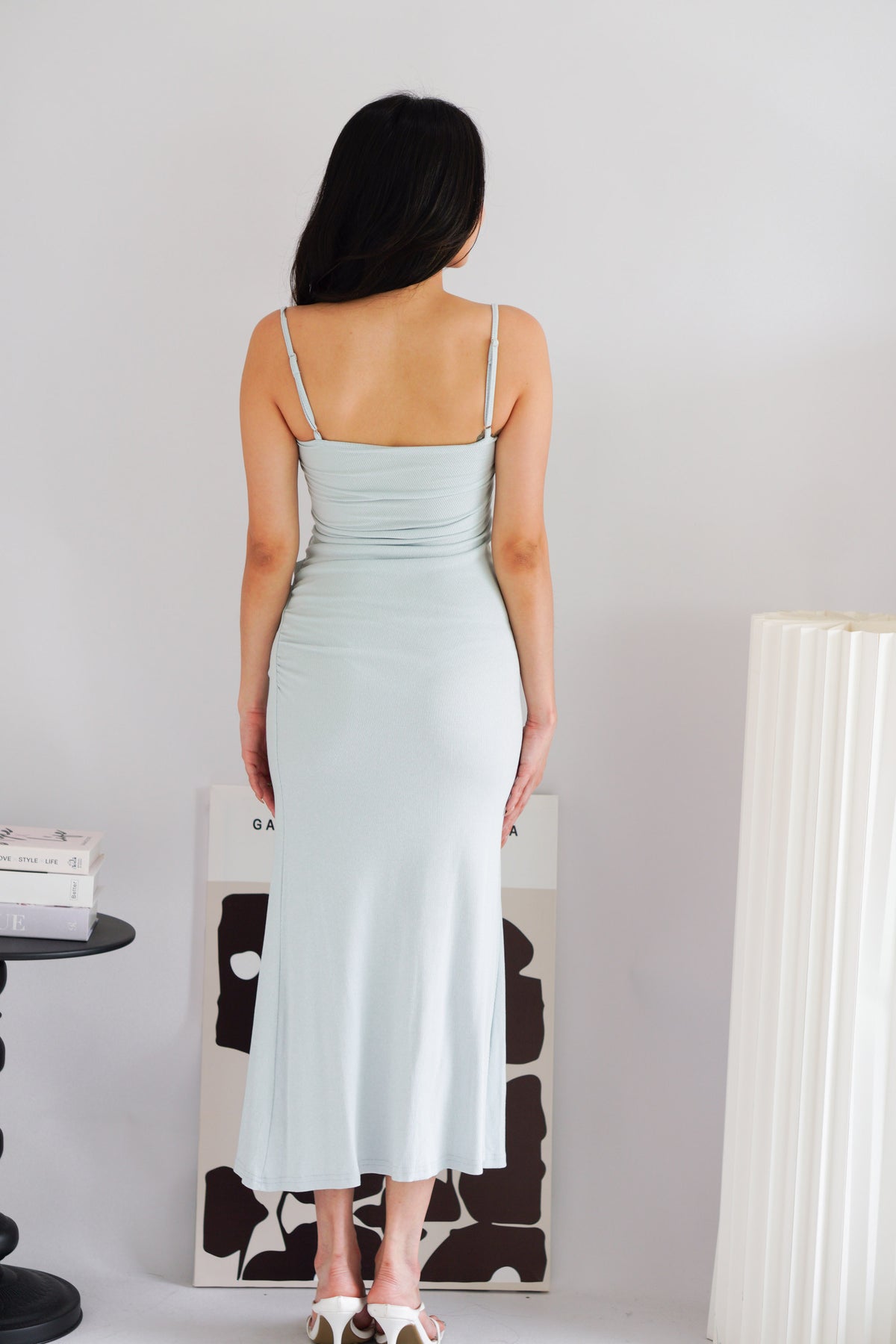 Melle Ruched Maxi Bodycon Fishtail Dress in Light Blue