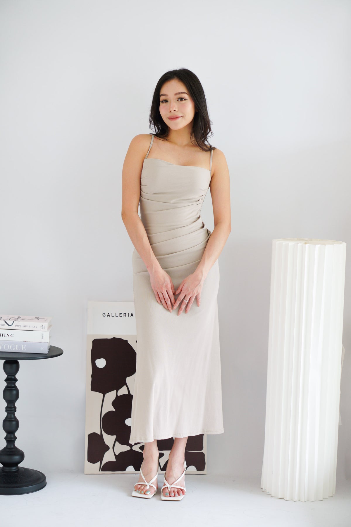 Melle Ruched Maxi Bodycon Fishtail Dress in Light Khaki