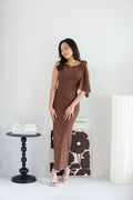 Lioraine Boat Neck Tie Maxi Bodycon Dress in Brown