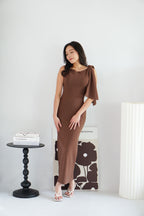 Lioraine Boat Neck Tie Maxi Bodycon Dress in Brown