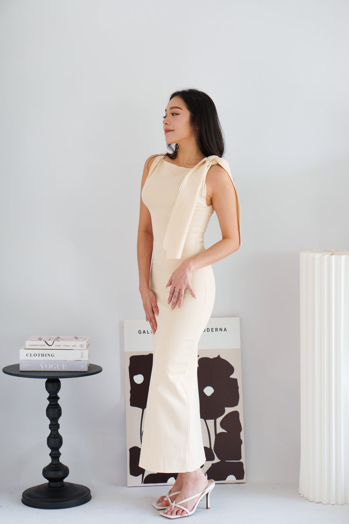 Lioraine Boat Neck Tie Maxi Bodycon Dress in Beige