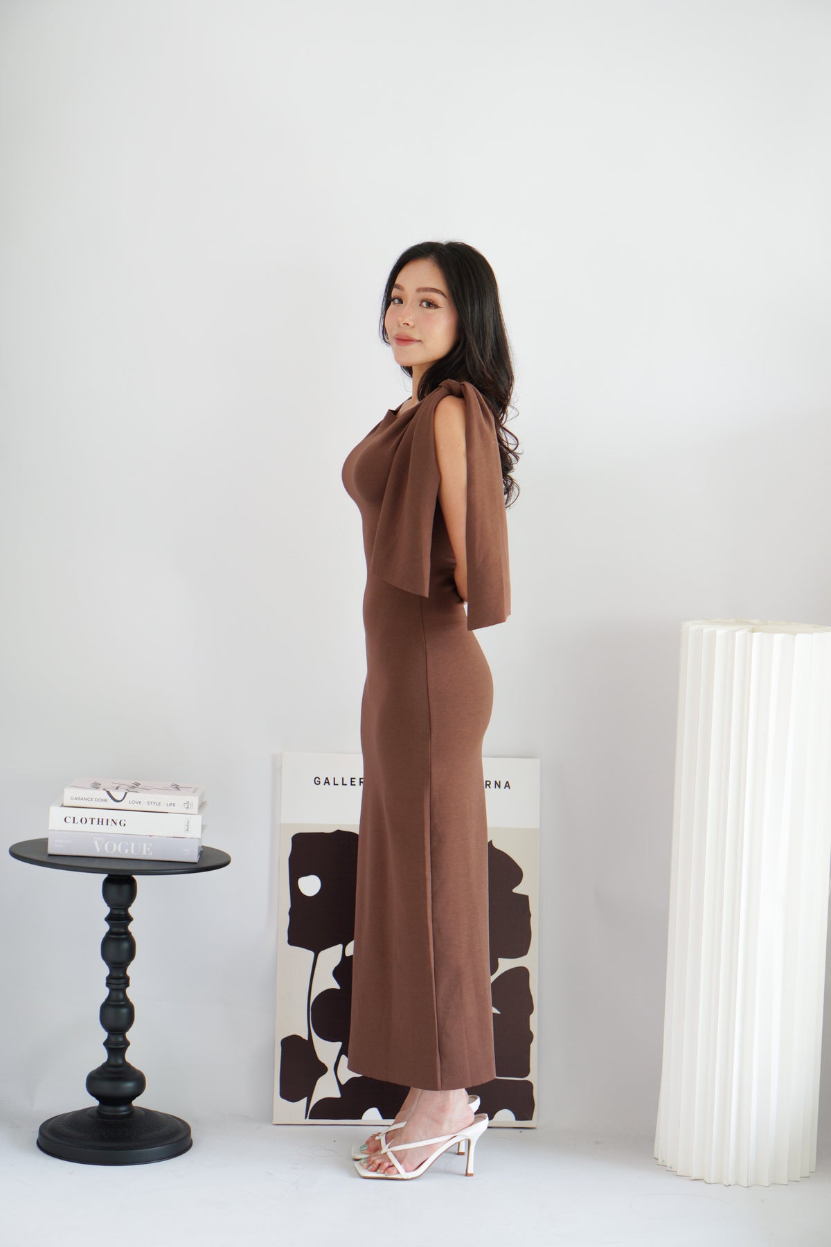 Lioraine Boat Neck Tie Maxi Bodycon Dress in Brown